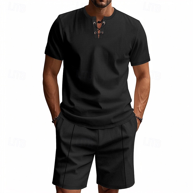 Per uomo Camicia a nido d'ape Completi T-shirt Outfit 2 pezzi Maglietta e pantaloncini Manica Corta Scollo a V Estate Semplice Moda Casual Allacciato 2 Pezzi Vacanza Abbigliamento quotidiano Uscire del 2025 a $28.99 –P14