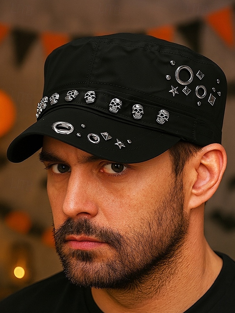 Militärkeps i bomull med dödskalle – justerbar halloweenhatt i punkrockstil för cosplay, fester och avslappnad streetwear 2025 - $18.99 –P1