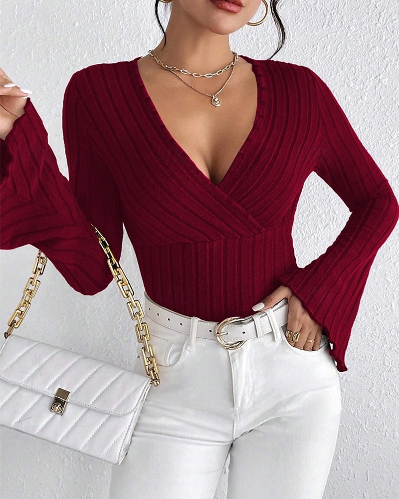 Per donna Maglietta Semplice Moda Moderno Manica Lunga Scollo a V Top Regolari Quotidiano Tunica Nero Vino Estate del 2025 a $18.99 –P3