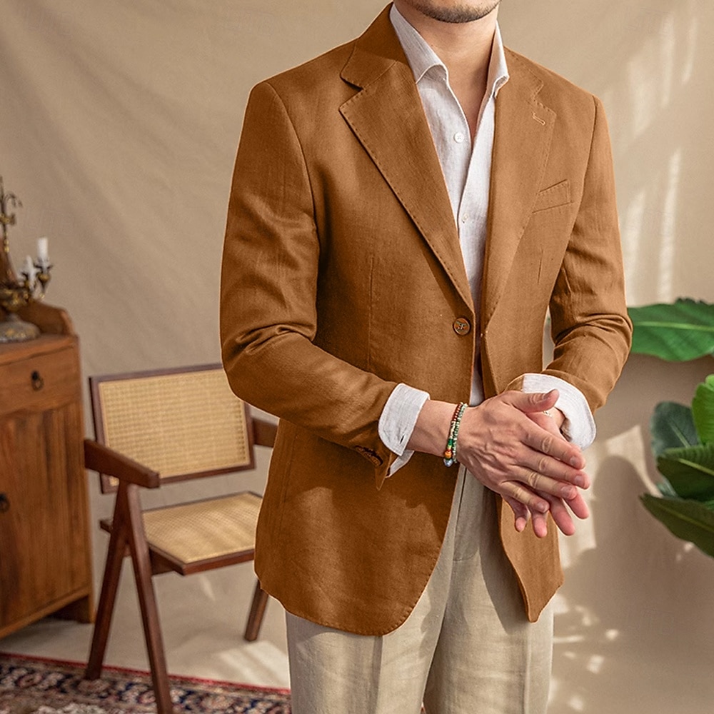 Hommes Blazer 100% lin Veste blazer Blazer en lin Formel Mariage Noël Élégant ancien Été Printemps 100% Lin Couleur Unie Avec Poches Boutonnage simple deux boutons veste Noir Blanche Orange Vert de 2025 ? $151.99 –P11