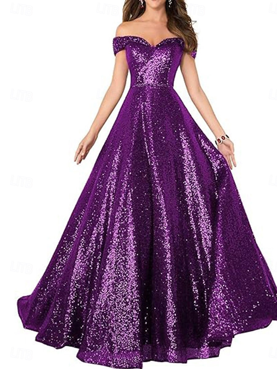 A-Line Evening Gown Elegant Dress Formal Performance Floor Length Short Sleeve Off Shoulder Sequined Backless with Pleats 2025 - $129.99 –P23