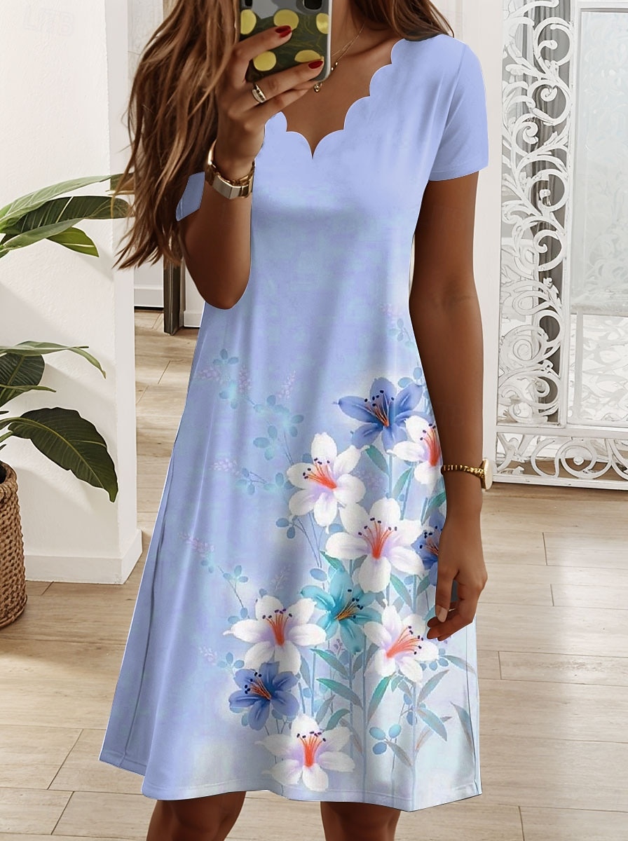 Damen Minikleid Freizeitkleid T-Shirt-Kleid Sommerkleid A Linie Kleid Elegant Urlaub Lässig Normale Passform Blumen Grafik Kurzarm V Ausschnitt Rosa Blau Purpur Grün Sommer Frühling 2025 - $24.99 –P4