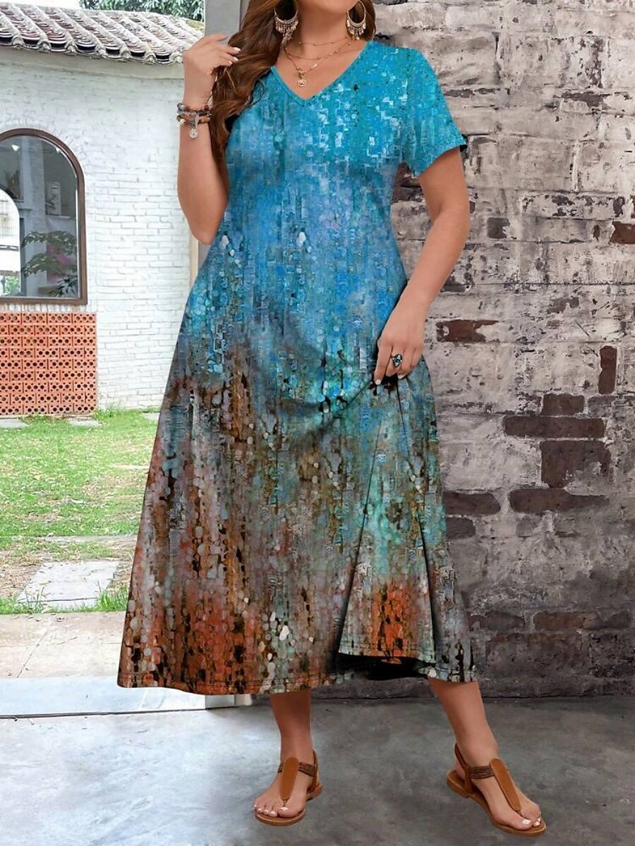 Damen Übergröße Freizeitkleid Ombre V Ausschnitt Kurzarm Sommer Frühling Mode Modern Lässig Maxikleid Ferien Wochenende Kleid 2025 - $28.99 –P17