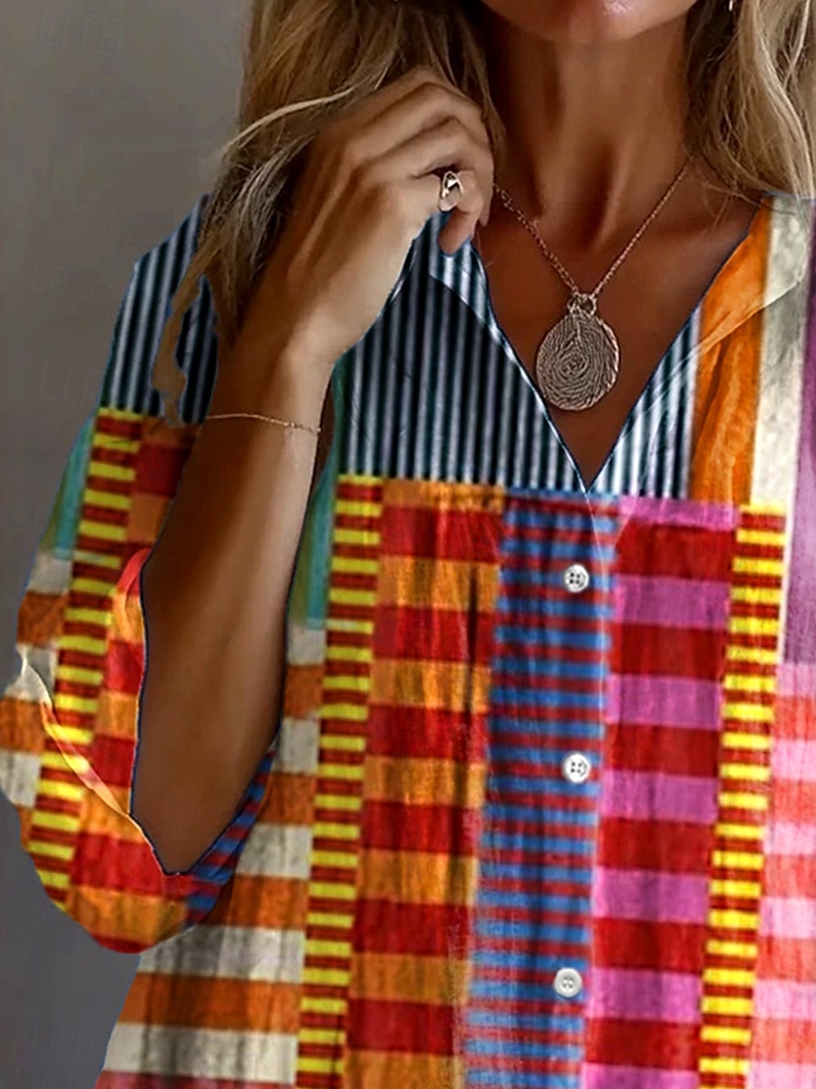 Damenhemden Langarm Blusen mit Knopfverschluss Grafik Geometrisch Gestreift Vintage Tropisch Alltag Hemd Kragen Reguläre Oberteile Arbeit Alltag Urlaub Knöpfe Print Regenbogen Sommer Frühling Herbst 2025 - $32.99 –P2