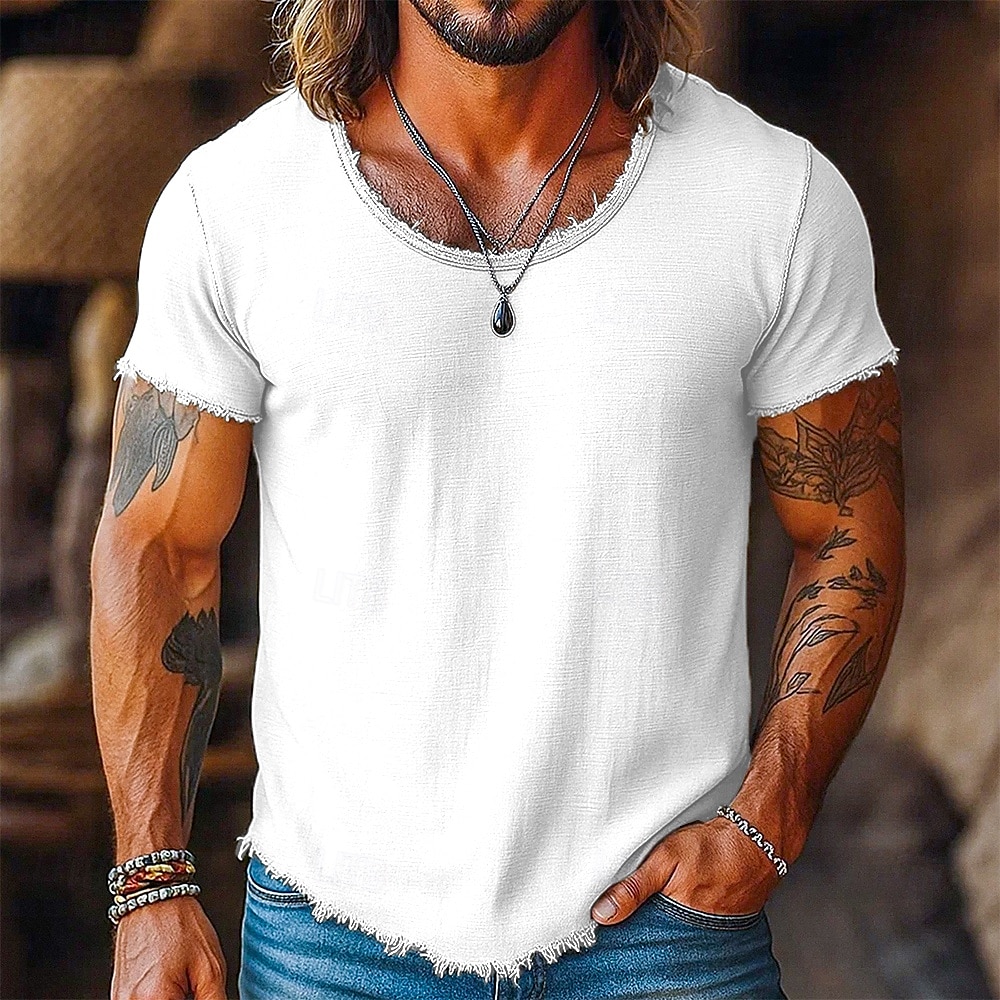 Homens T-shirt Camiseta de linho Manga Curta Gola Redonda Verão Tecido Moda Designer Básico Macia Borda Crua Férias Rua Casual Branco Preto Rosa Top Tee para Homens de 2026 por $21.99 –P6