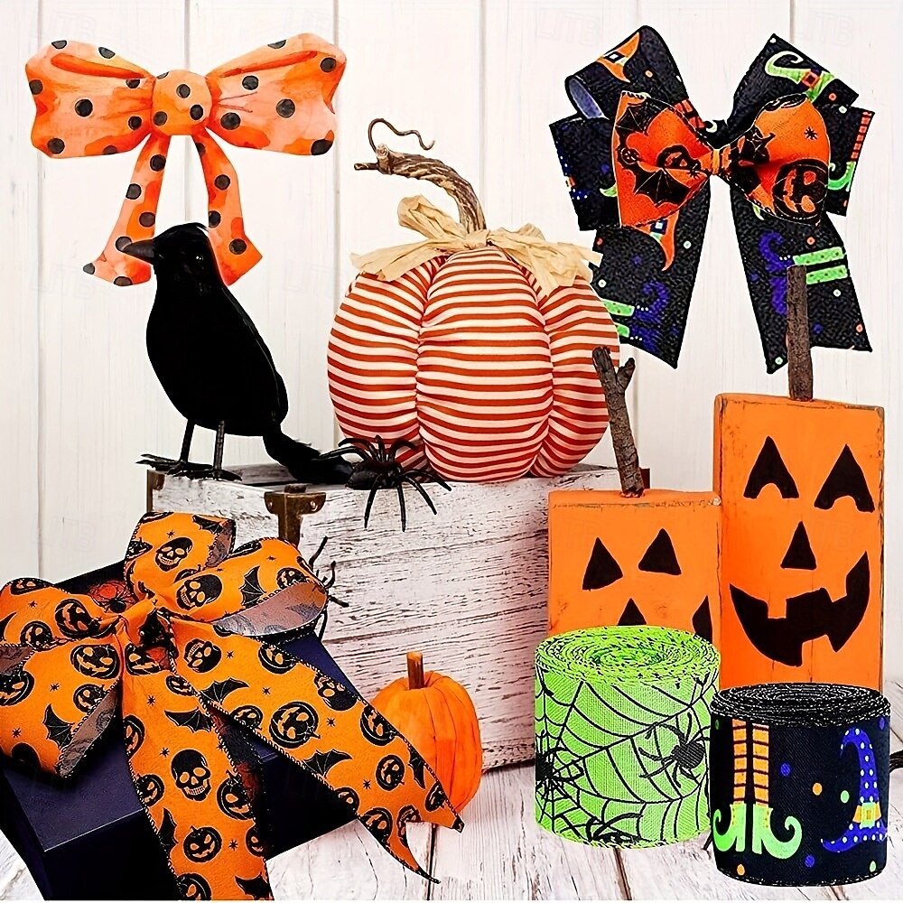 Nastro con bordo rinforzato per Halloween, 4 rotoli, nastro stampato a forma di pipistrello, ragno, zucca, gambe di strega, cappello, pois, nastri in grosgrain per Halloween, ghirlanda per la casa, del 2025 a $9.49 –P4