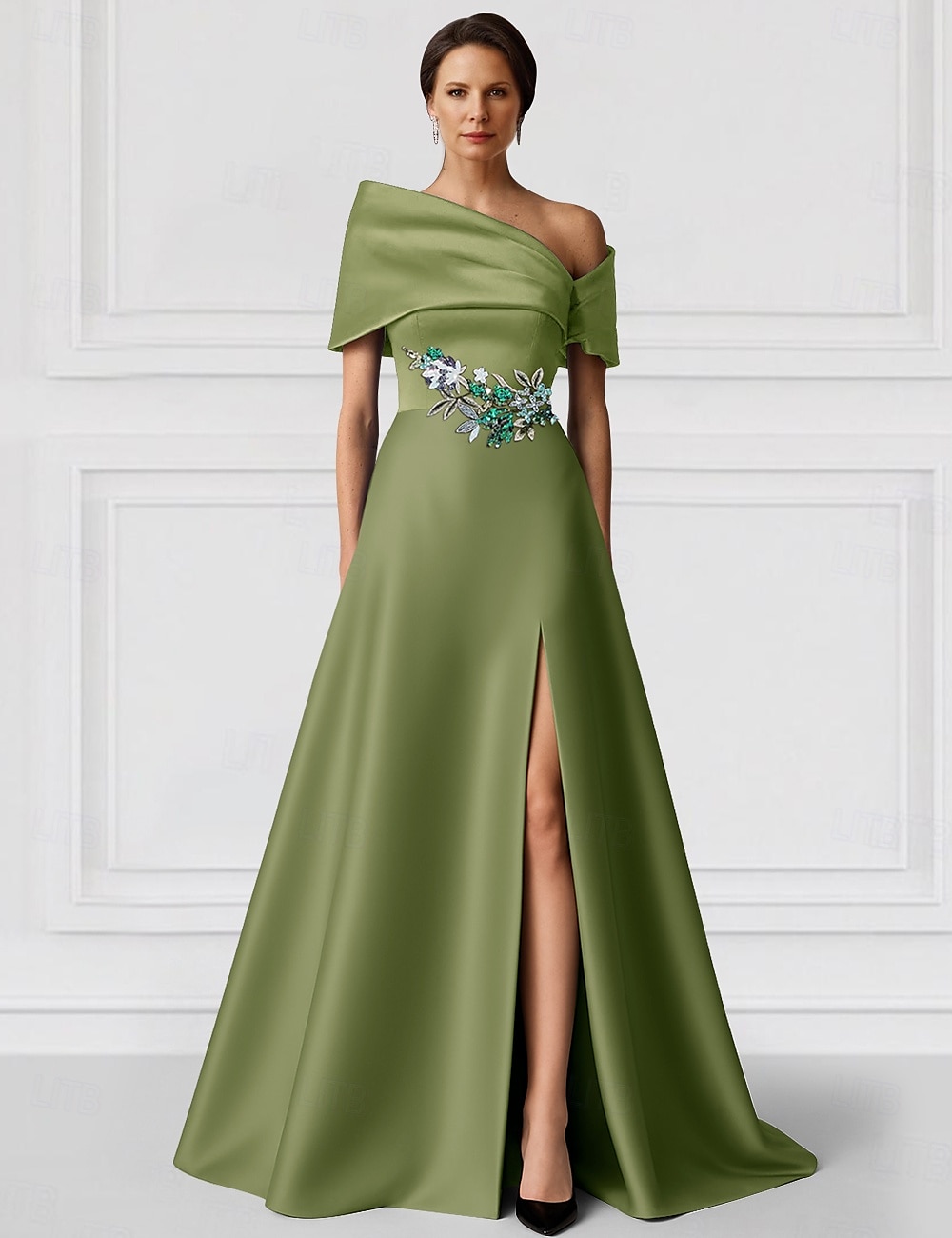 Svartgrön A-linjeformad aftonklänning elegant klänning formell bröllopsklänning golvlång kortärmad bar axelband champagnefärgad klänning till brudens mor satin med glitterficka 2025 2025 - $145.99 –P4