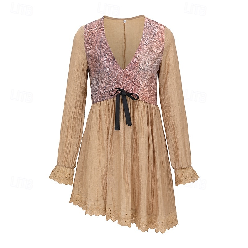 Femmes Mini Robe Robe bohème Robe occidentale Mode Classique Extérieur Vacances Fête Coupe régulière Uni manche longue Col en V Kaki Été de 2025 ? $29.99 –P4