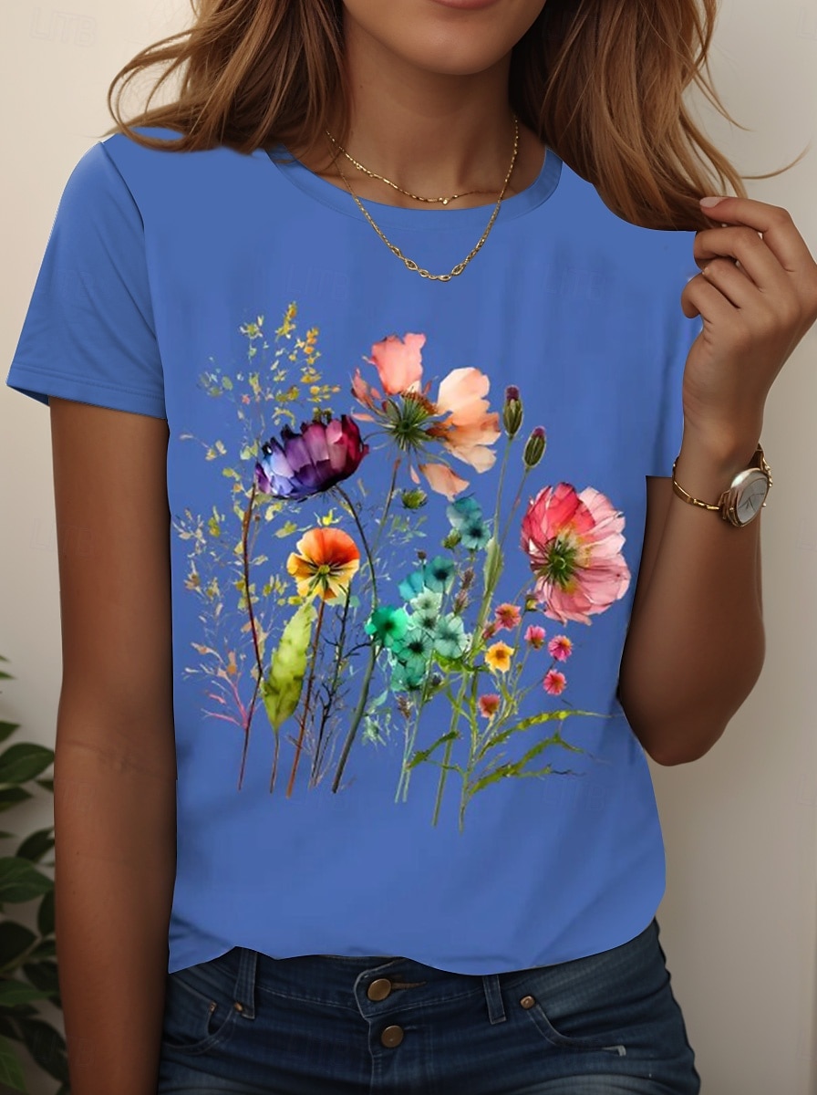 Dame T skjorte Blomstret Grafisk Planter Årgang Stilfull Klassisk Kortermet Crew-hals Vanlige topper Daglig Ut på byen Helg Trykt mønster Svart Hvit Rosa Blå Himmelblå Sommer Vår Høst 2025 - $19.99 –P3
