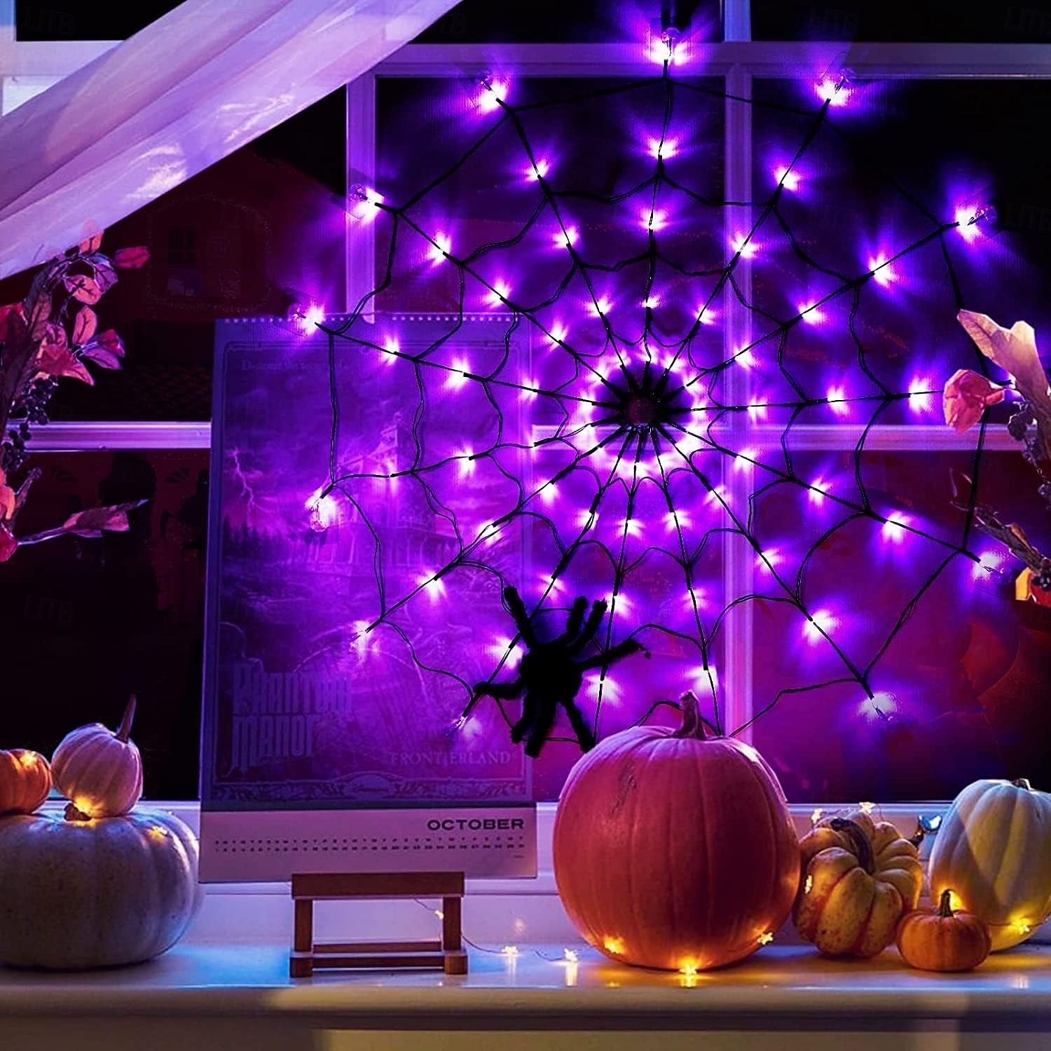 1 τεμάχιο διάμετρος 1m 70 χάντρες led για το Halloween με ιστό αράχνης, ανοιχτό μωβ πορτοκαλί, ζεστό φως, κουτί μπαταρίας usb, τροφοδοτικό, τηλεχειριστήριο, εσωτερικός και εξωτερικός χώρος, πάρτι, 2025 - $20.99 –P5