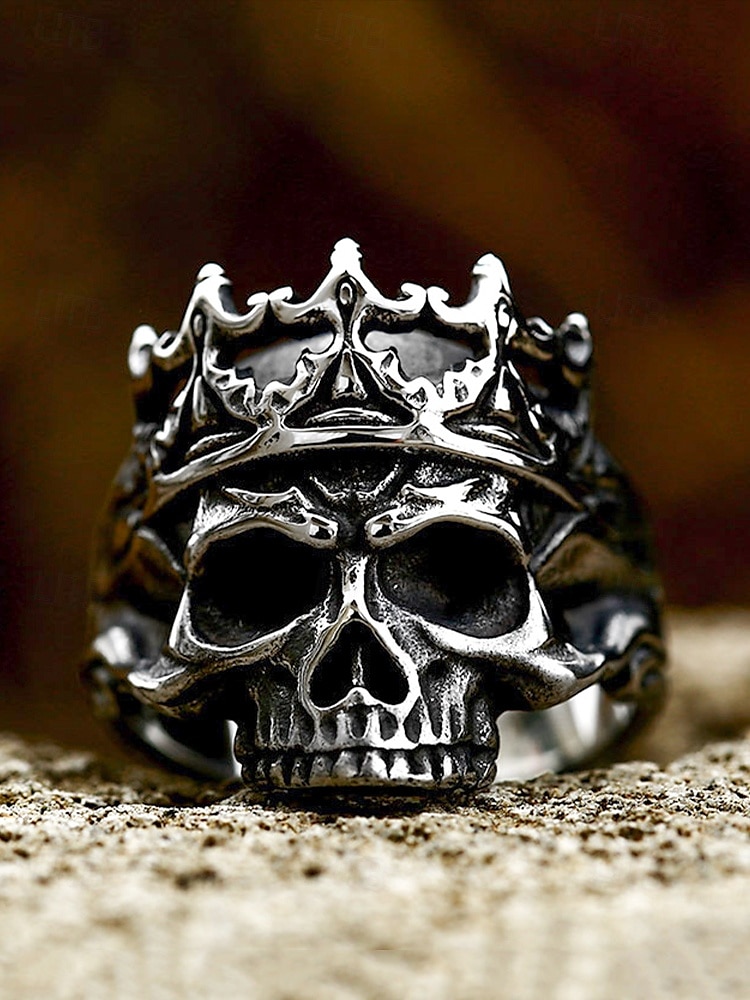 Herrenring aus Edelstahl mit Totenkopf und Krone – Gothic-Punk-Stil, robustes Heavy-Metal-Design, ideal für Halloween-Partys, Cosplay und Rockkonzerte 2025 - $11.99 –P4