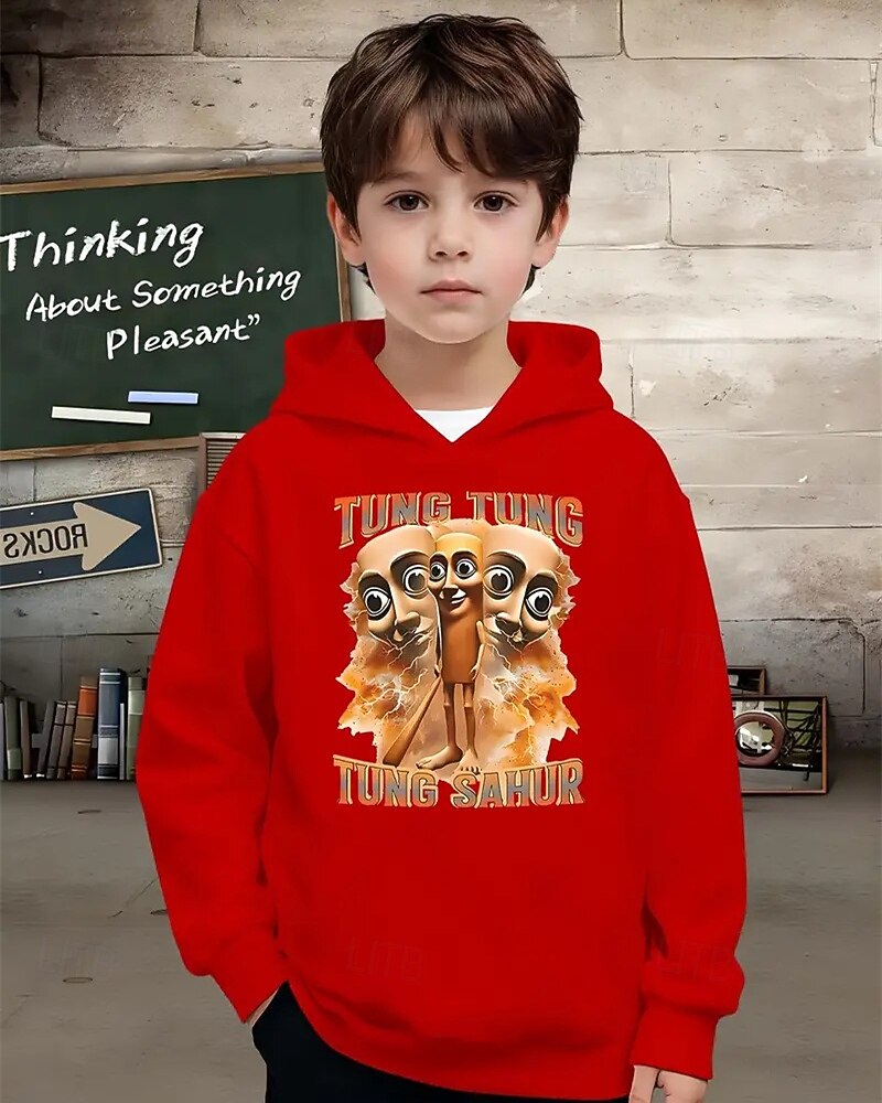 Pojkars casual hoodie med tung tung tung saur roligt abstrakt tryck 3D-grafik hoodie långärmad vår höst mode streetwear barn 4-12 år huva utomhus casual daglig normal passform 2025 - $18.99 –P1