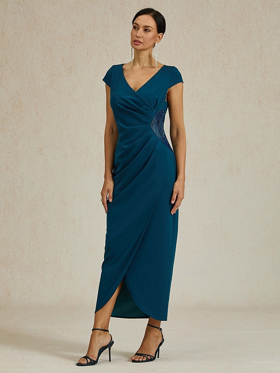 Femmes Robe maxi Robe fourreau Élégant Coupe régulière Couleur Unie Manche Courte Col en V Bleu Encre Été Printemps de 2025 ? $99.99 –P6