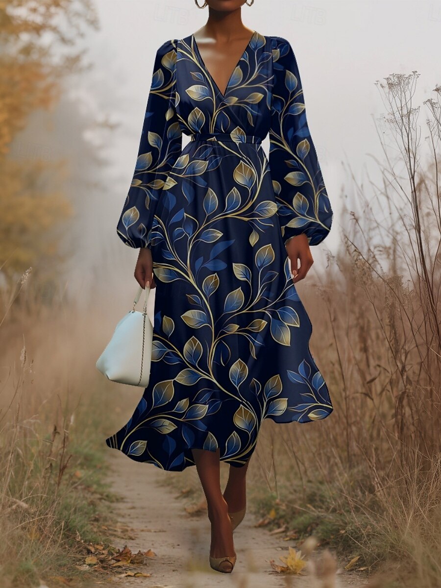 Women's Midi Dress Casual Dress Chiffon Swing Dress Modern Vacation Daily Weekend Regular Fit Floral Long Sleeve V Neck Blue Green Dark Blue Summer Spring Fall Autumn 2025 - $31.99 –P5