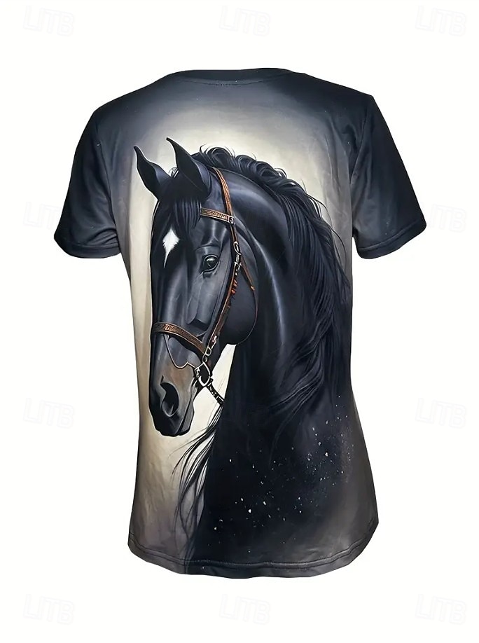Femmes T-shirt Graphique Animal Cheval ancien Élégant Classique Manche Courte Col ras du cou Col rond Hauts Réguliers Quotidien Week-end Imprimé Noir Blanche Bleu Bleu Poudré Été Printemps de 2025 ? $19.99 –P7
