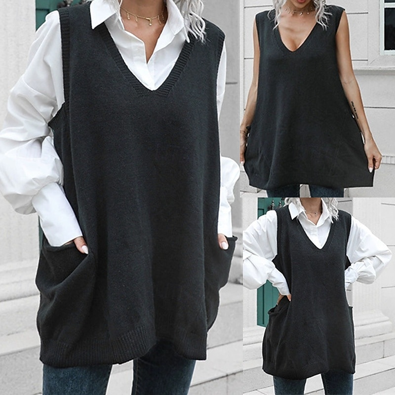 Femmes Pull Occasionnel Couleur Unie Épais Col en V Tricoté Sans manches Hauts Réguliers Tricoter Quotidien Fête Sortir Noir Automne Hiver de 2025 ? $23.99 –P1