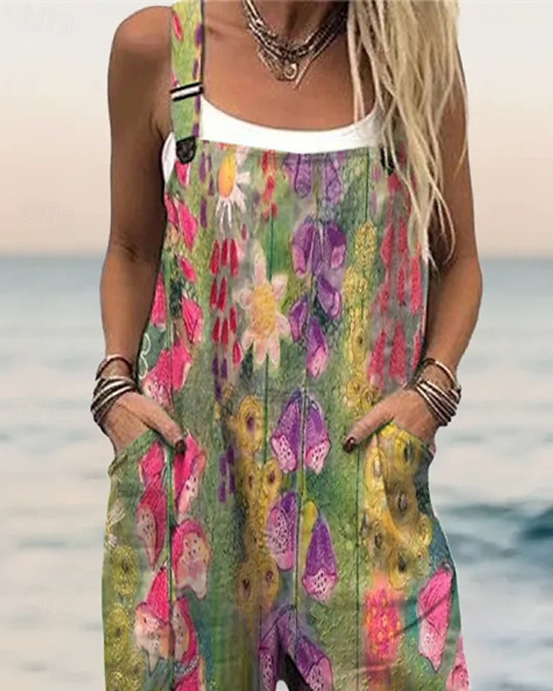 Damen Normal Overall Streetwear Blumen Kurzarm Weites Bein U-Ausschnitt Tasche Druck Straße Täglich Normale Passform Grün Sommer 2025 - $27.99 –P2