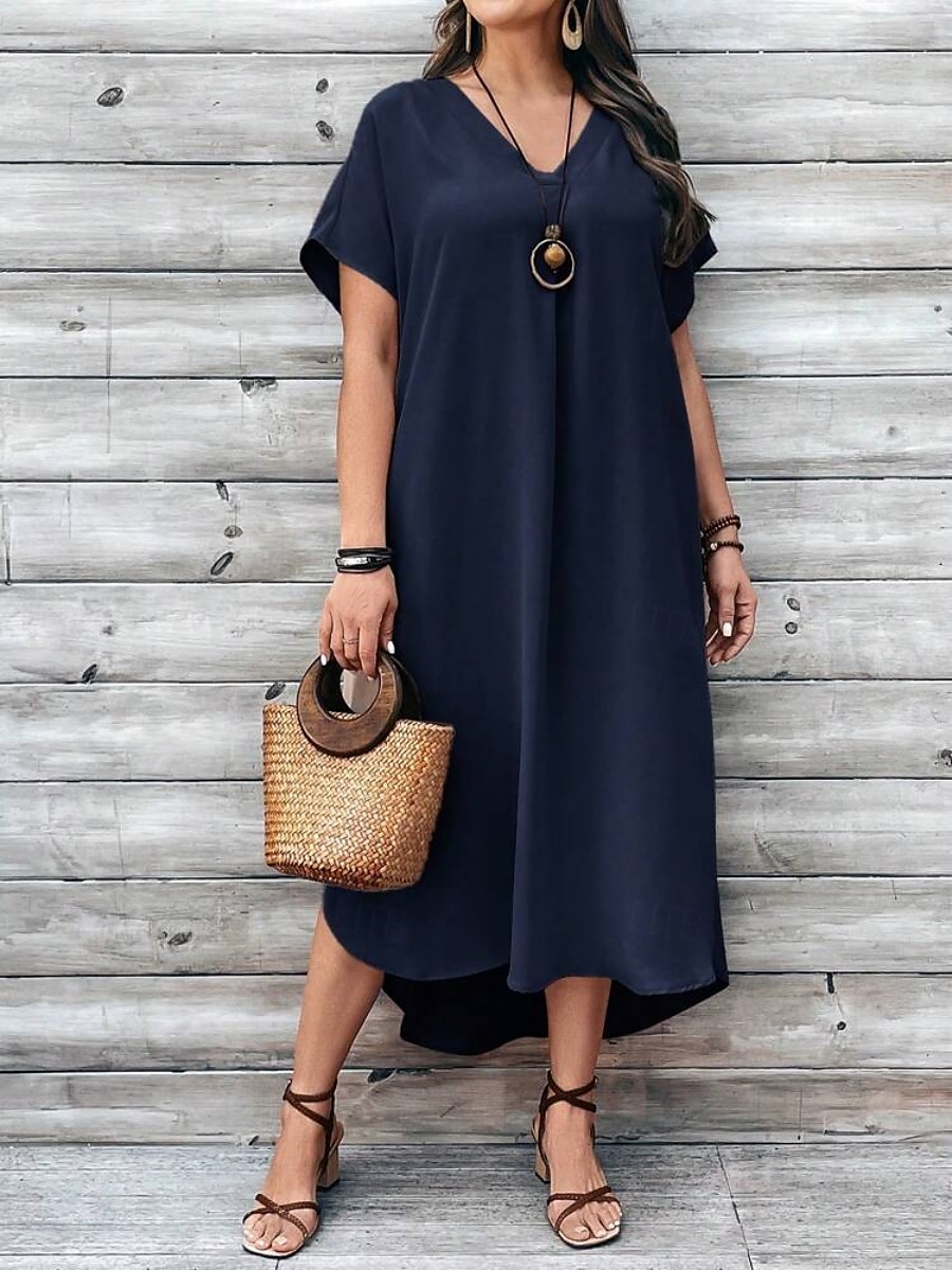 Femmes Grande taille Robe Décontractée Couleur Unie Col en V Manche Courte Été Printemps Élégant Mode Moderne Occasionnel Robe Maxi Quotidien Fête Robe de 2025 ? $33.99 –P1