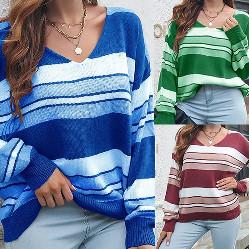 Per donna Maglione Casual A righe Spesso Scollo a V Lavorato a maglia Manica Lunga Top Regolari Maglia Quotidiano Ferie Uscire Vino Blu Autunno Inverno del 2025 a $21.99 –P1