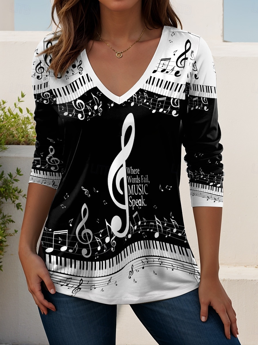 Festival de musique Femmes T-shirt Graphique Musique ancien Élégant Classique manche longue Col en V Hauts Réguliers Quotidien Sortir Week-end Imprimé Noir et blanc Noir Blanche Printemps Automne de 2025 ? $22.99 –P1