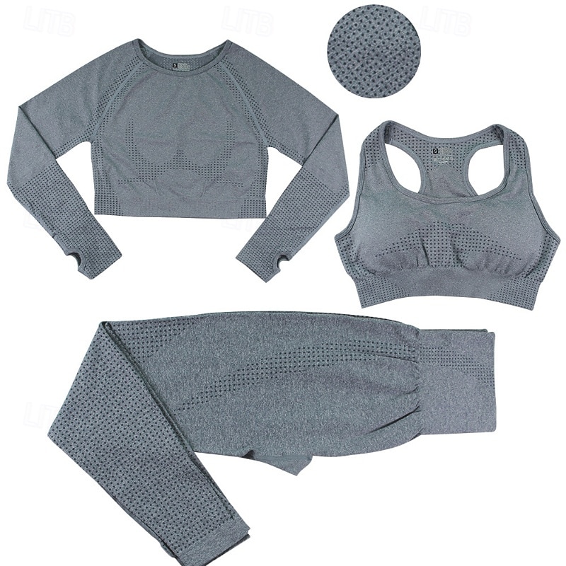 Mulheres Macacão de ioga com franzido Moletom de ioga Trajes de lazer Outono Côr Sólida Conjuntos Cinzento Escuro Preto Treino de Ginástica Cintura Alta Esticar Respirável Manga Longa Esporte Roupas de 2025 por $46.99 –P11