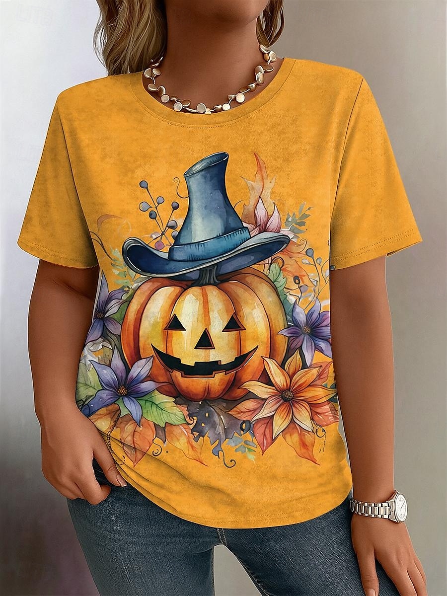 T-shirt grande taille pour femme, imprimé graphique, manches courtes, col ras du cou, décontracté, quotidien, polyester, automne, jaune, rose de 2025 ? $19.99 –P5