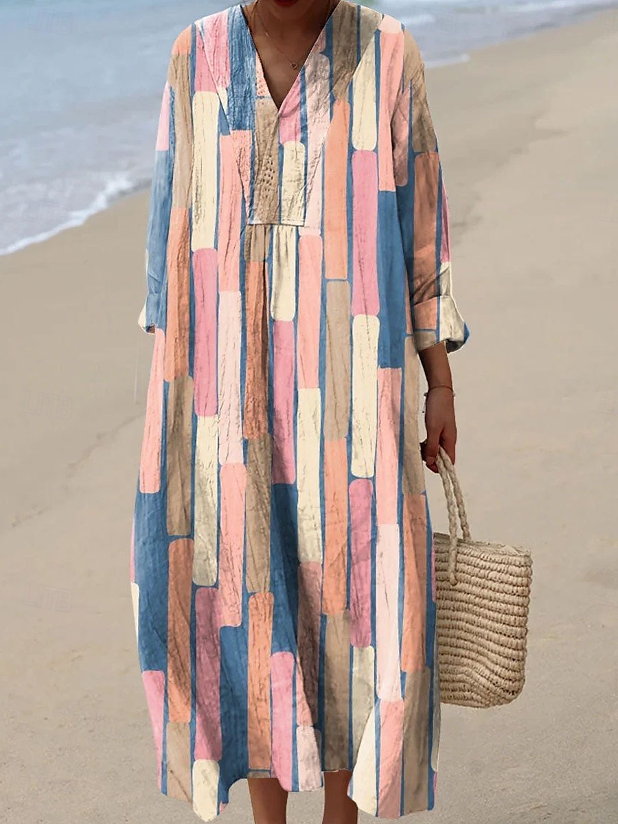 Damen Midikleid Freizeitkleid Sommerkleid A Linie Kleid Urlaub Lässig Boho Party Strand Lässiger Schnitt Grafik Geometrisch Langarm V Ausschnitt Schwarz Gelb Rosa Rote Sommer Frühling Herbst 2025 - $35.99 –P5