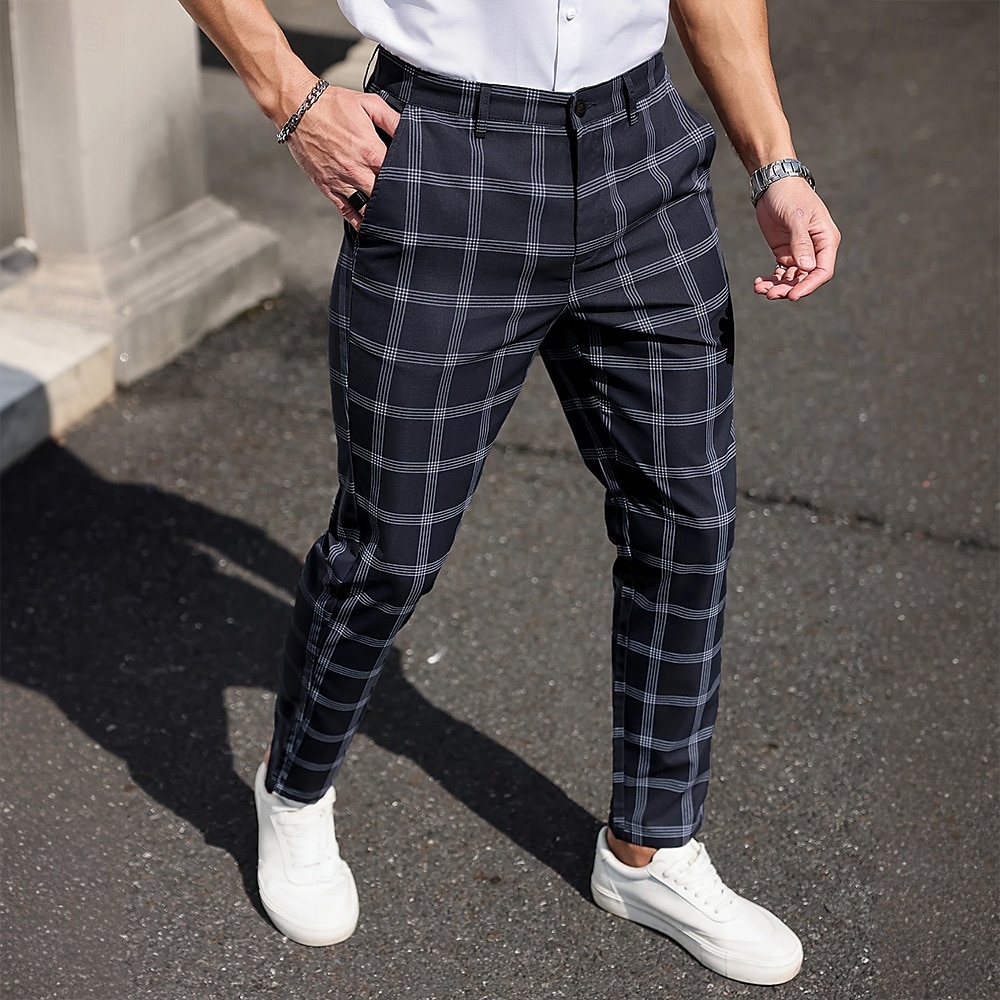 Herre Geometrisk Gitter / Teppe Dressbukser Bukser Medium Midje Business Casual Formell Hverdag Slim fit-bukser med lommer Vår Høst 3D-utskrift Svart Mørkeblå Mørkegrå 2025 - $29.99 –P5