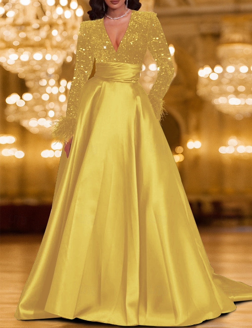 Schwarz Tie A-Linie Abendkleid Elegantes Kleid Karneval Festlich Bodenlang Langarm V-Ausschnitt Tasche Satin mit Feder Pailletten 2025 - $147.99 –P5