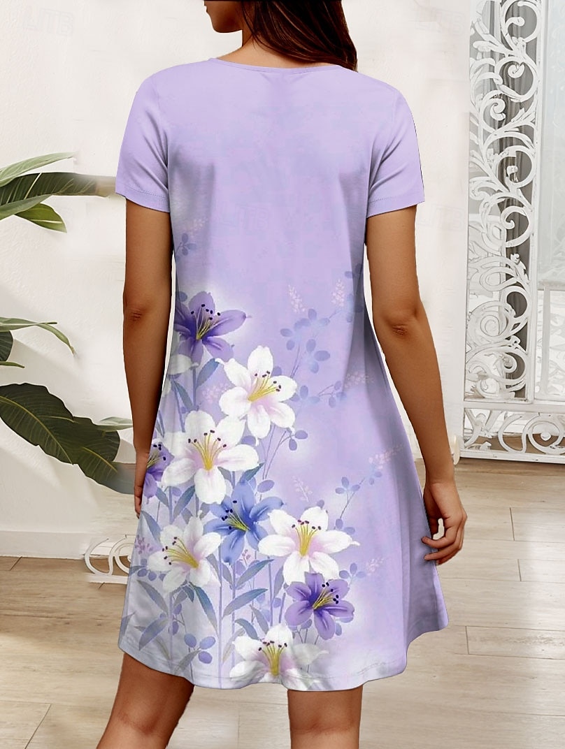 Damen Minikleid Freizeitkleid T-Shirt-Kleid Sommerkleid A Linie Kleid Elegant Urlaub Lässig Normale Passform Blumen Grafik Kurzarm V Ausschnitt Rosa Blau Purpur Grün Sommer Frühling 2025 - $24.99 –P5