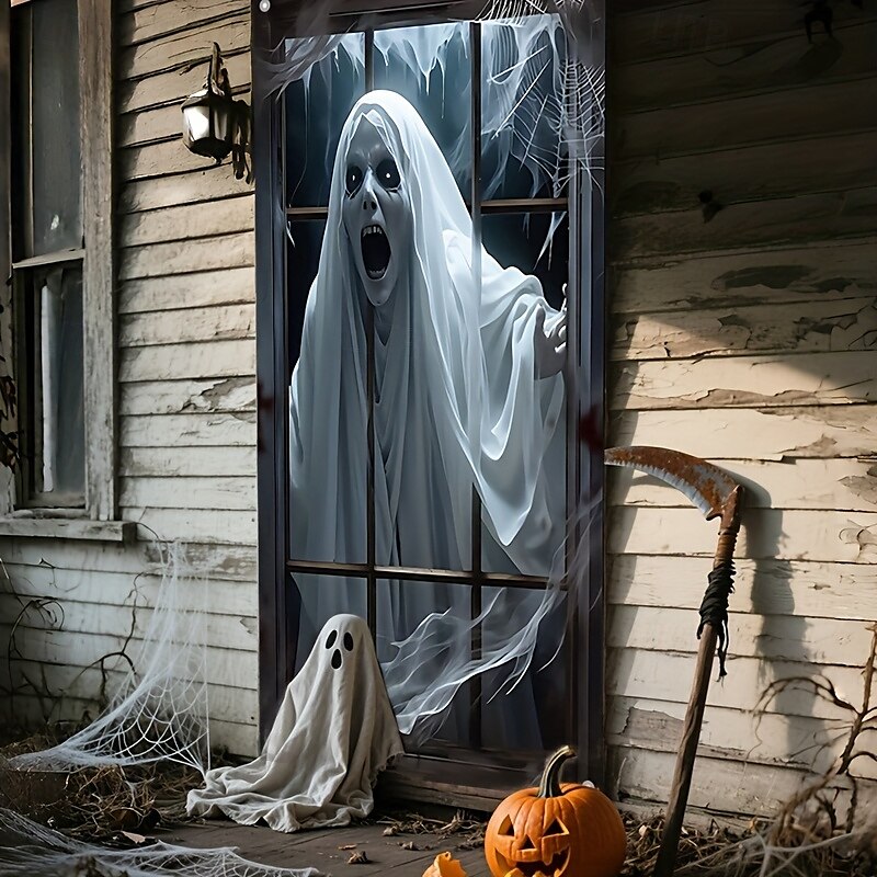 2025年 ハロウィンの窓バナーデコレーション 1個 怖いゴーストデザイン ポリエステル生地 屋内壁と窓用装飾 パーティーやカーニバル用 電気不要 万能ホリデーアクセサリー  コレクション – $77.99 –P7