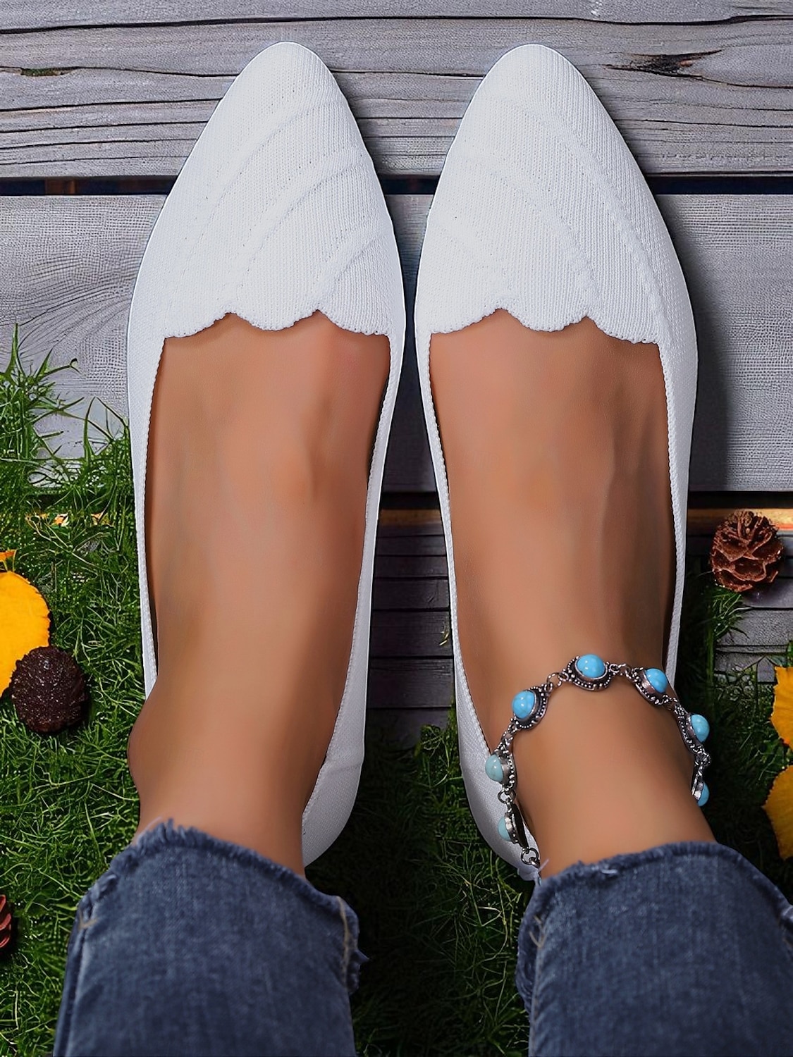 Weiße Flyknit-Ballerinas mit spitzer Zehenpartie für Damen – Ballerinas mit gewelltem Rand für Frühlingspicknicks, Gartenpartys und den Weg zur Arbeit 2025 - $19.99 –P3