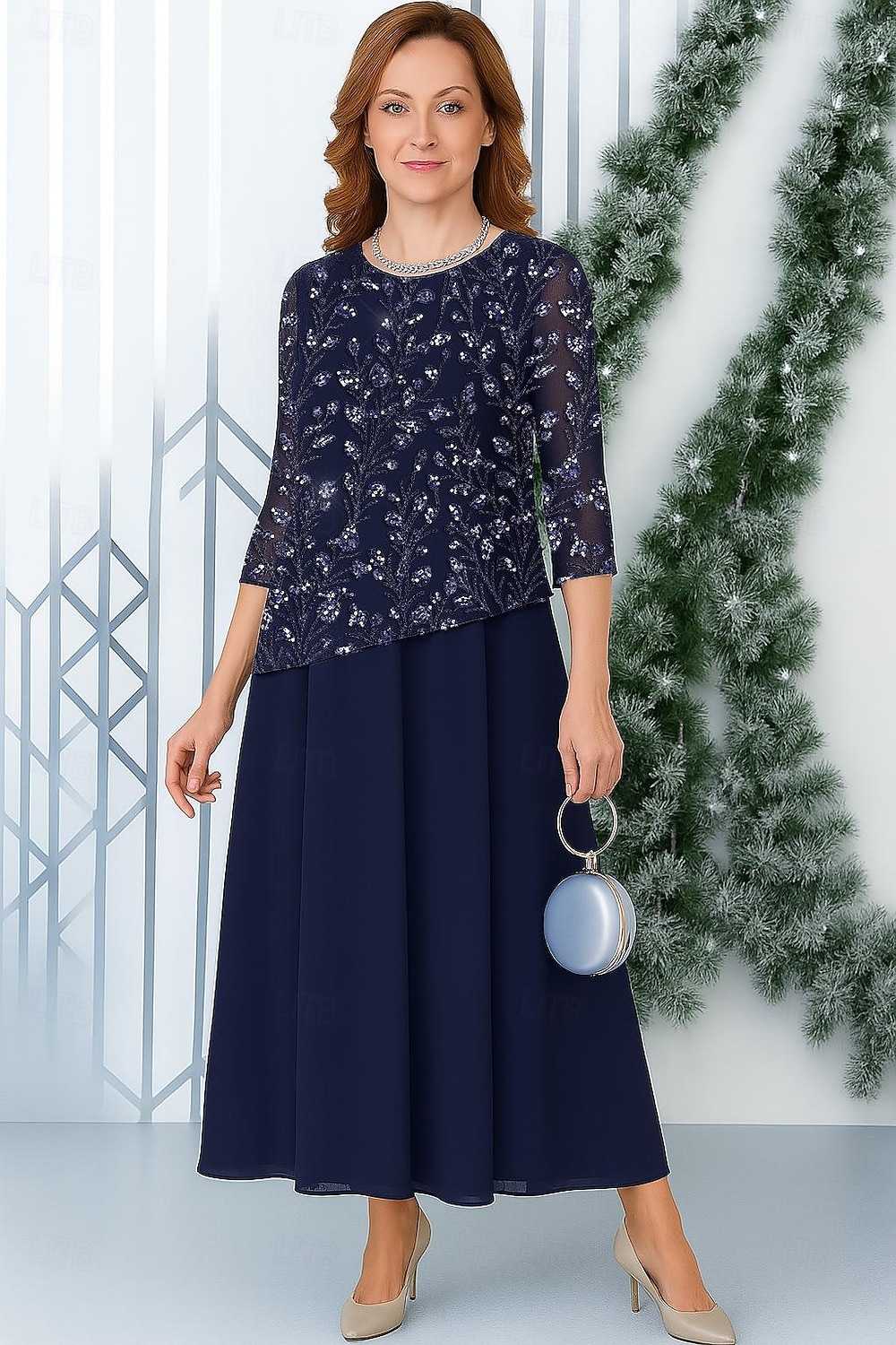 Helmipitsi A-linjainen morsiamen äidin mekko elegantti ponchotyylinen yksinkertainen minimalistinen venekaulus lattiamittainen sifonki helmillä koristeltu pitsi 3/4-hihat 2025 2025 - $139.99 –P1