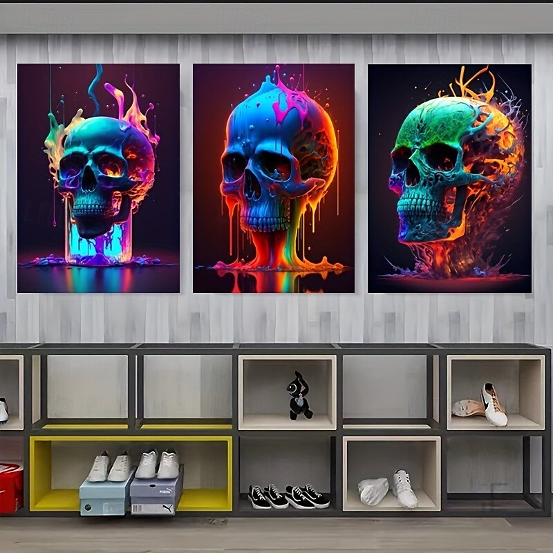 abstrakt neonhodeskallefarge lerretskunst nydelig flammeplakattrykk uinnrammet stue soverom hjemmedekorasjon egnet for halloween 2025 - $13.99 –P6