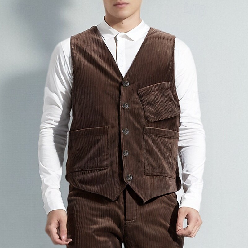 Hombre Chaleco Vacaciones Negocio Moda Casual Primavera Otoño Bolsillo Botones Poliéster Pana Cómodo Plano Recto 1 botón Escote en Pico Ajuste regular Marrón Oscuro Negro Vino Azul Marino Chaleco 2025 - $32.99 –P1