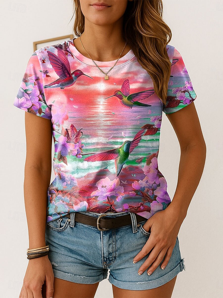 Femmes T-shirt Fleuri Graphique Oiseau ancien Élégant Classique Manche Courte Col ras du cou Col rond Hauts Réguliers Quotidien Week-end Imprimé Jaune Rose Claire Bleu Vert Été Printemps de 2025 ? $19.99 –P5