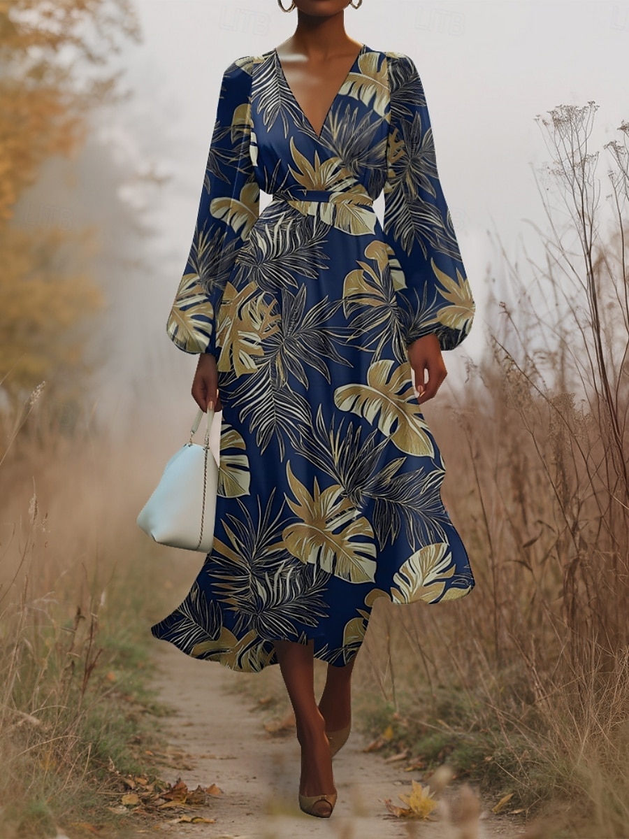 Damen Midikleid Freizeitkleid Chiffon Schwingkleid Modern Urlaub Täglich Wochenende Normale Passform Blatt Tropisch Langarm V Ausschnitt Marineblau Blau Dunkelblau Blau Schwarz Sommer Frühling Herbst 2025 - $31.99 –P5