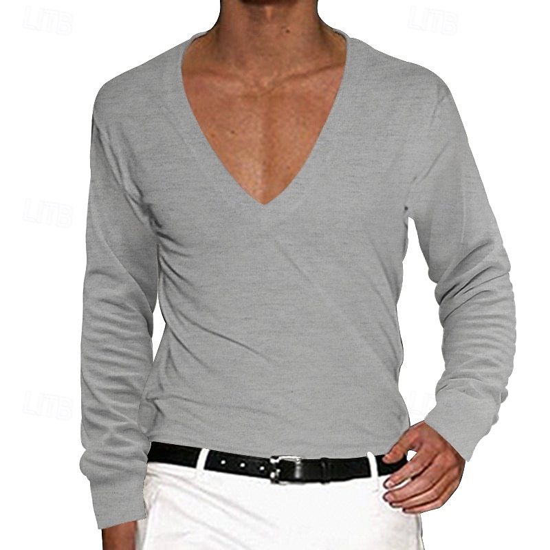 Herren T Shirt T-Shirt Langarm V Ausschnitt Sommer Einfarbig Einfach Mode Designer Basic Tiefes V Basic Urlaub Straße Lässig Schwarz Weiß Rot Top T-Shirt für Herren 2025 - $16.49 –P2