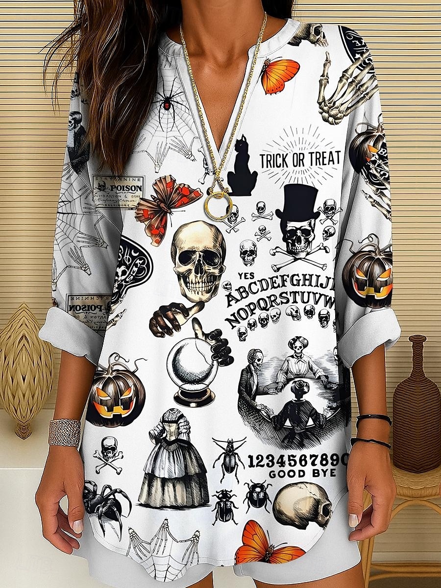 Halloween Dame Bluse Hjerte Kjærlighed Grafisk Årgang Stilfull Fritid Langermet V-hals Vanlige topper Daglig Ferie Trykt mønster Svart Hvit Oransje Sommer Vår Høst 2025 - $24.99 –P4