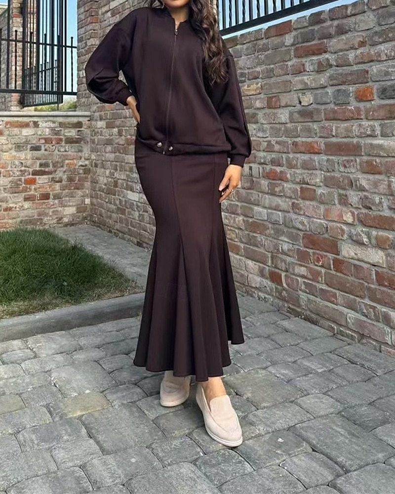 Femmes Robe Ensemble Robe d'été Robe Midi Occasionnel Uni Fermeture éclair Robe maxi manche longue Col en V Extérieur Date Noir Vin Café Été Coupe Ample de 2025 ? $34.99 –P4
