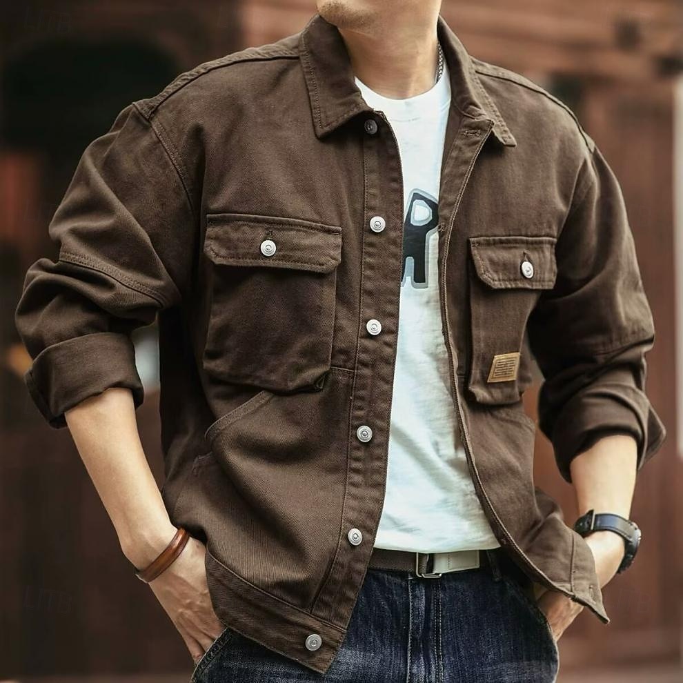 Homme Veste Légère Veste en Jean Formel Maison Coupe-Vent Avec Poches Printemps Automne Hiver Couleur Unie Actif ancien Col Rabattu Régulier Noir Vert foncé Marron Café foncé Veste de 2025 ? $39.99 –P4