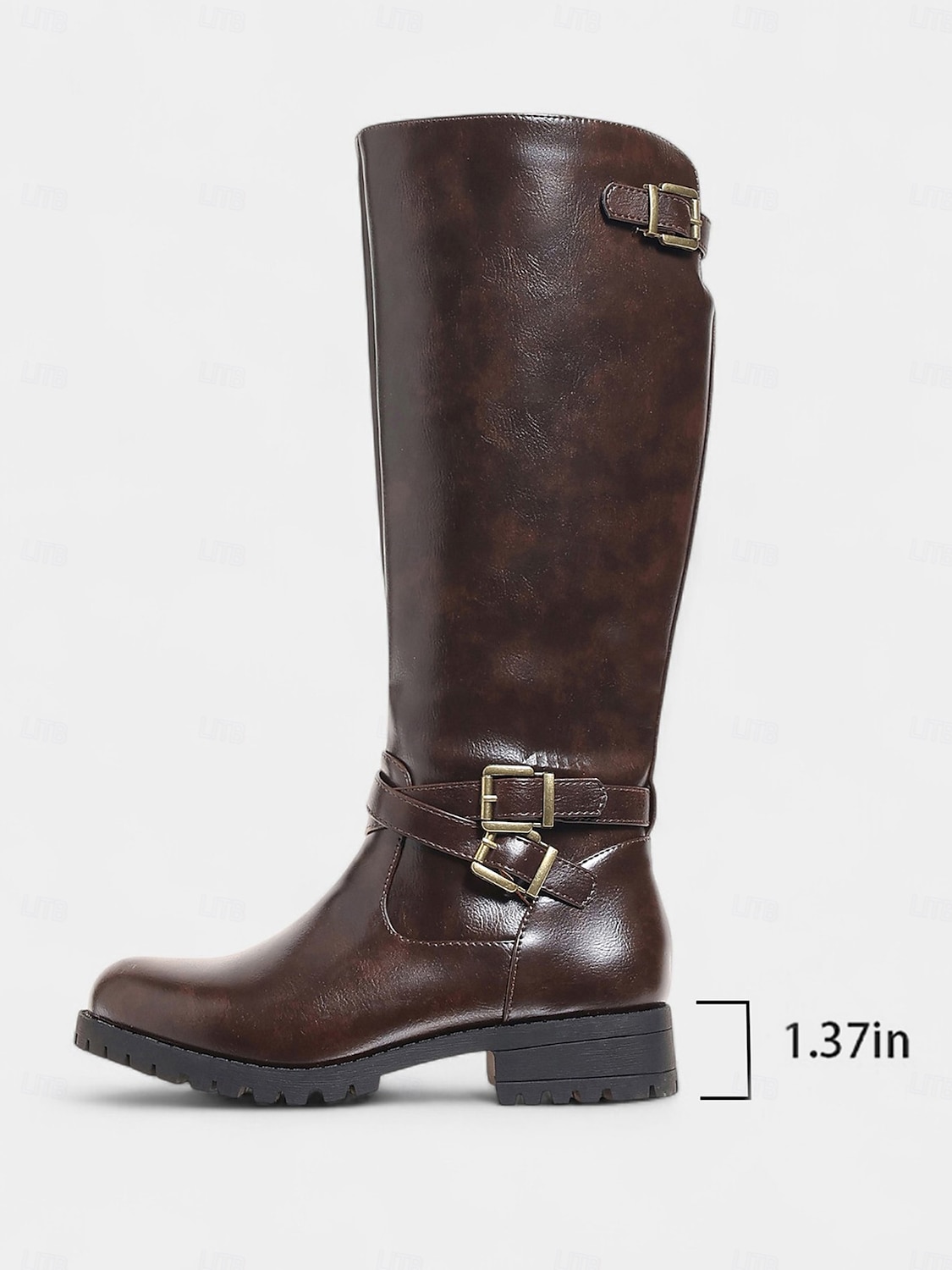 Botas de montar hasta la rodilla para mujer en color café con detalle de hebilla: botas clásicas de piel sintética de pantorrilla ancha para otoño, viajes y uso diario. 2025 - $46.99 –P2