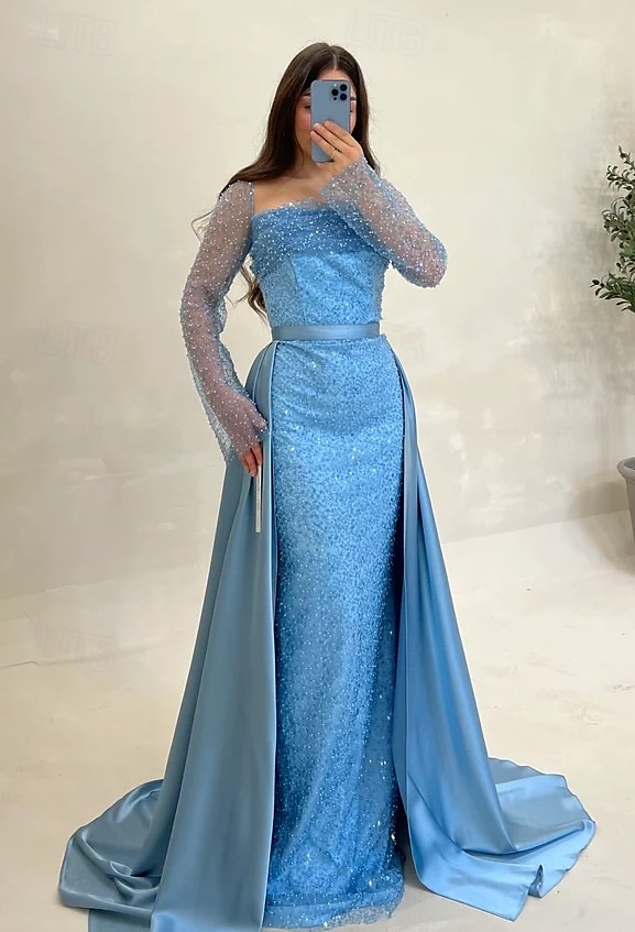 Paljett A-linje aftenkjole elegant kjole formell bryllupsgjest gulvlang langermet hals champagnefarget kjole til brudens mor sateng med glitterspalte 2025 2025 - $159.99 –P6