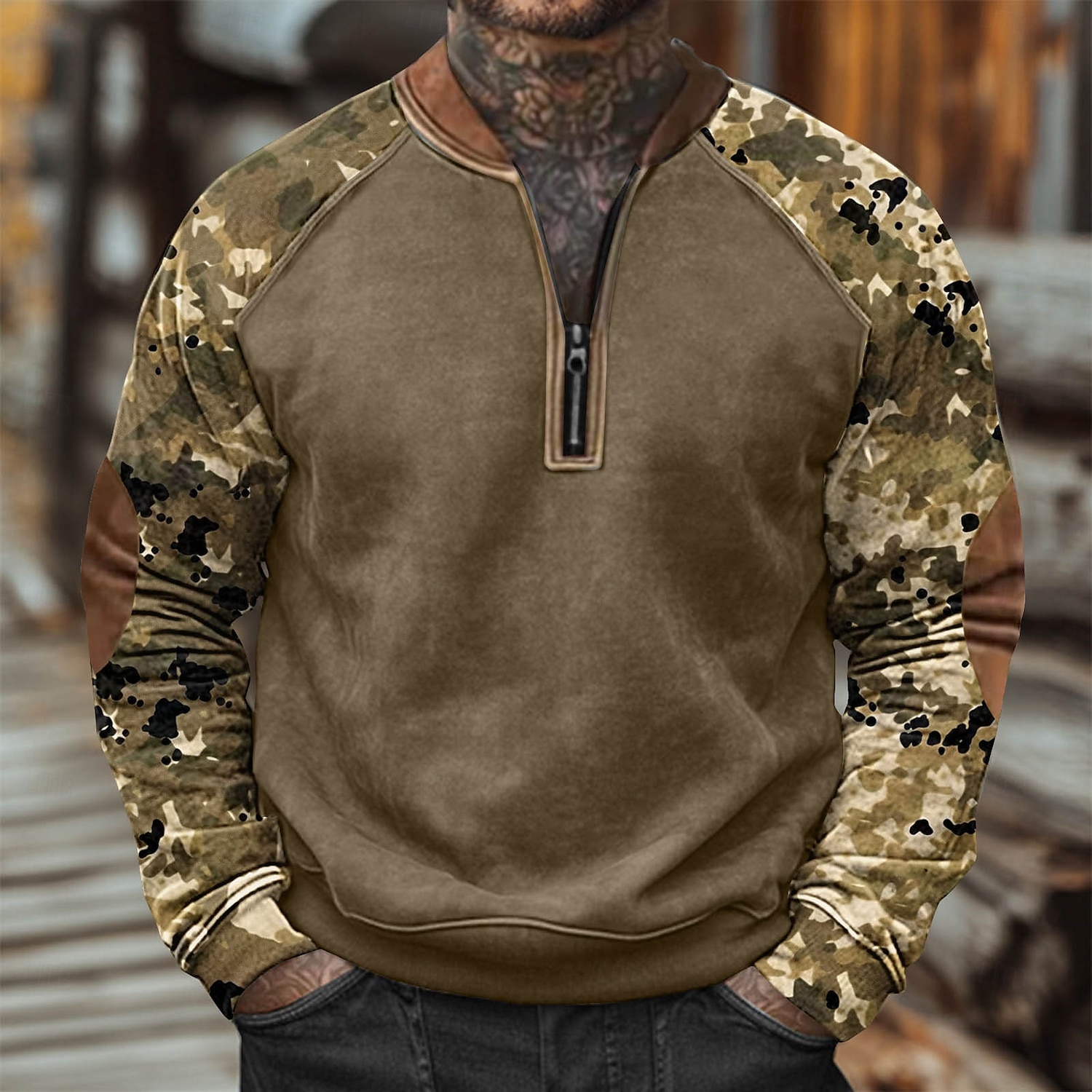 Men's Sweatshirt Quarter Zip Sweatshirt White Army Green Orange Brown Brown 2 Half Zip Color Block Camo / Camouflage Half Zip Print Casual Daily Holiday Polyester Vintage Streetwear Casual Fall Winter 2025 - $24.99 –P4