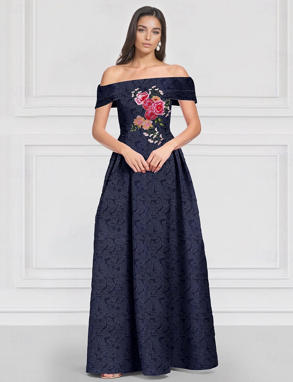 Blå jacquardbroderad blommig a-linjeformad aftonklänning elegant klänning formell bröllopsklänning golvlång ärmlös bar axel med veck 2025 2025 - $159.99 –P6
