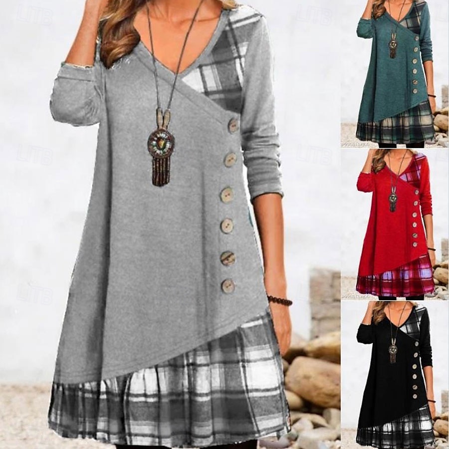 Women's Mini Dress A Line Dress Casual Daily Regular Fit Plaid Long Sleeve V Neck Black Red Green Gray Fall Winter 2025 - $28.99 –P1