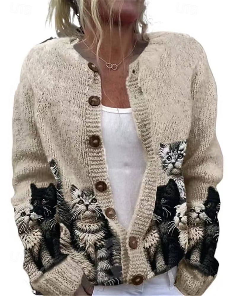 Femmes Pull Cardigan Mode Streetwear Quotidien Animal Côtelé Ouvert devant Tricoté Imprimé manche longue Hauts Longs Tricoter Fête Sortir Week-end Noir Blanche Automne Hiver de 2025 ? $27.99 –P3