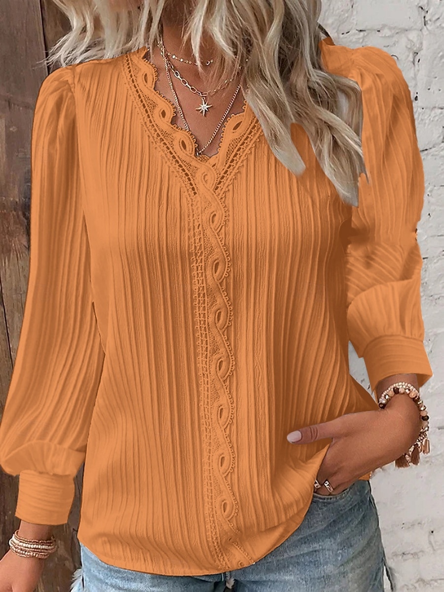 Damen Spitzenbluse Einfarbig Elegant Stilvoll Basic Langarm V Ausschnitt Normale Oberteile Täglich Spitze Patchwork Weiß Rote Purpur Orange Grün Sommer Frühling Herbst 2025 - $22.99 –P5