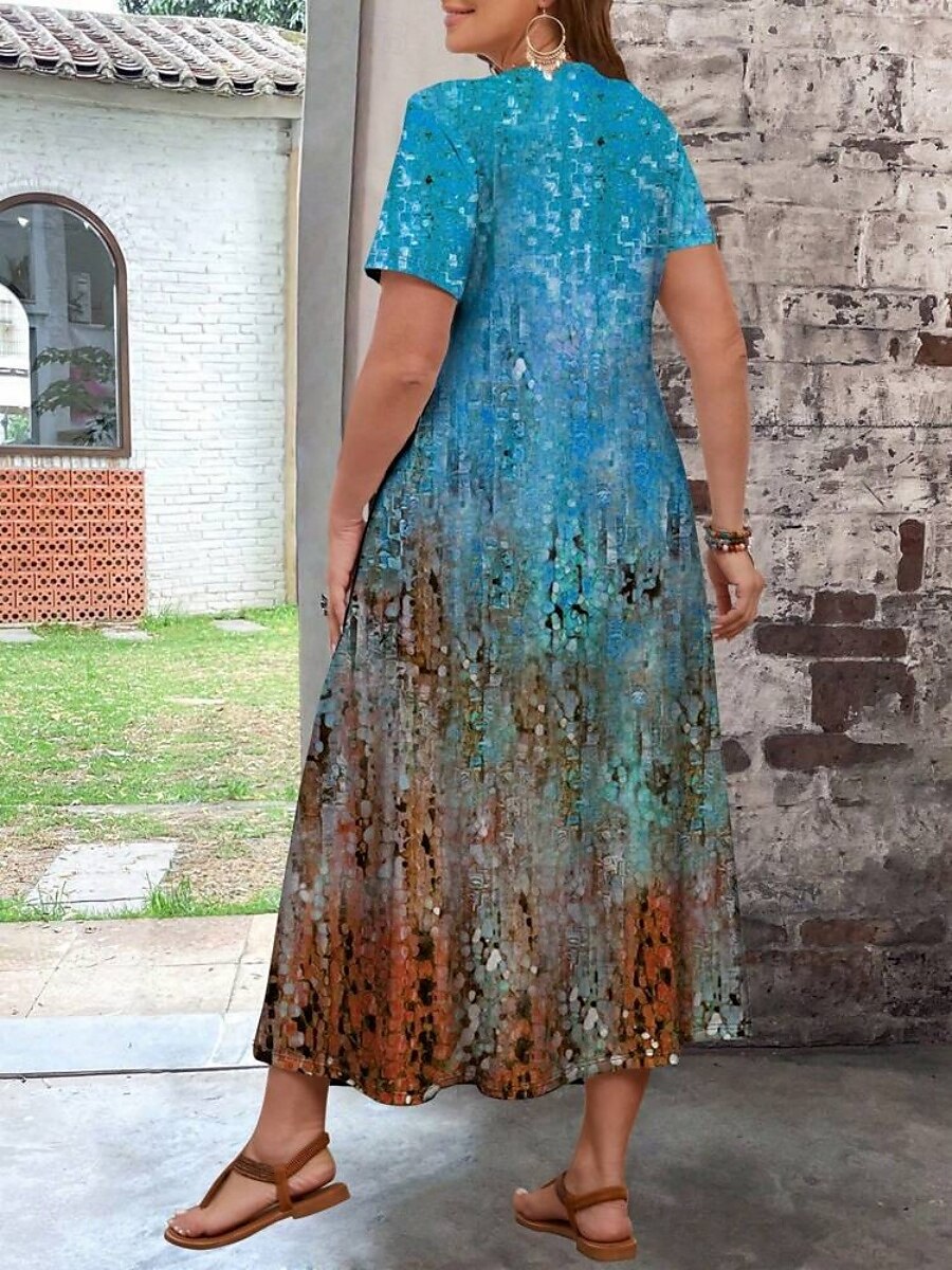 Damen Übergröße Freizeitkleid Ombre V Ausschnitt Kurzarm Sommer Frühling Mode Modern Lässig Maxikleid Ferien Wochenende Kleid 2025 - $28.99 –P15
