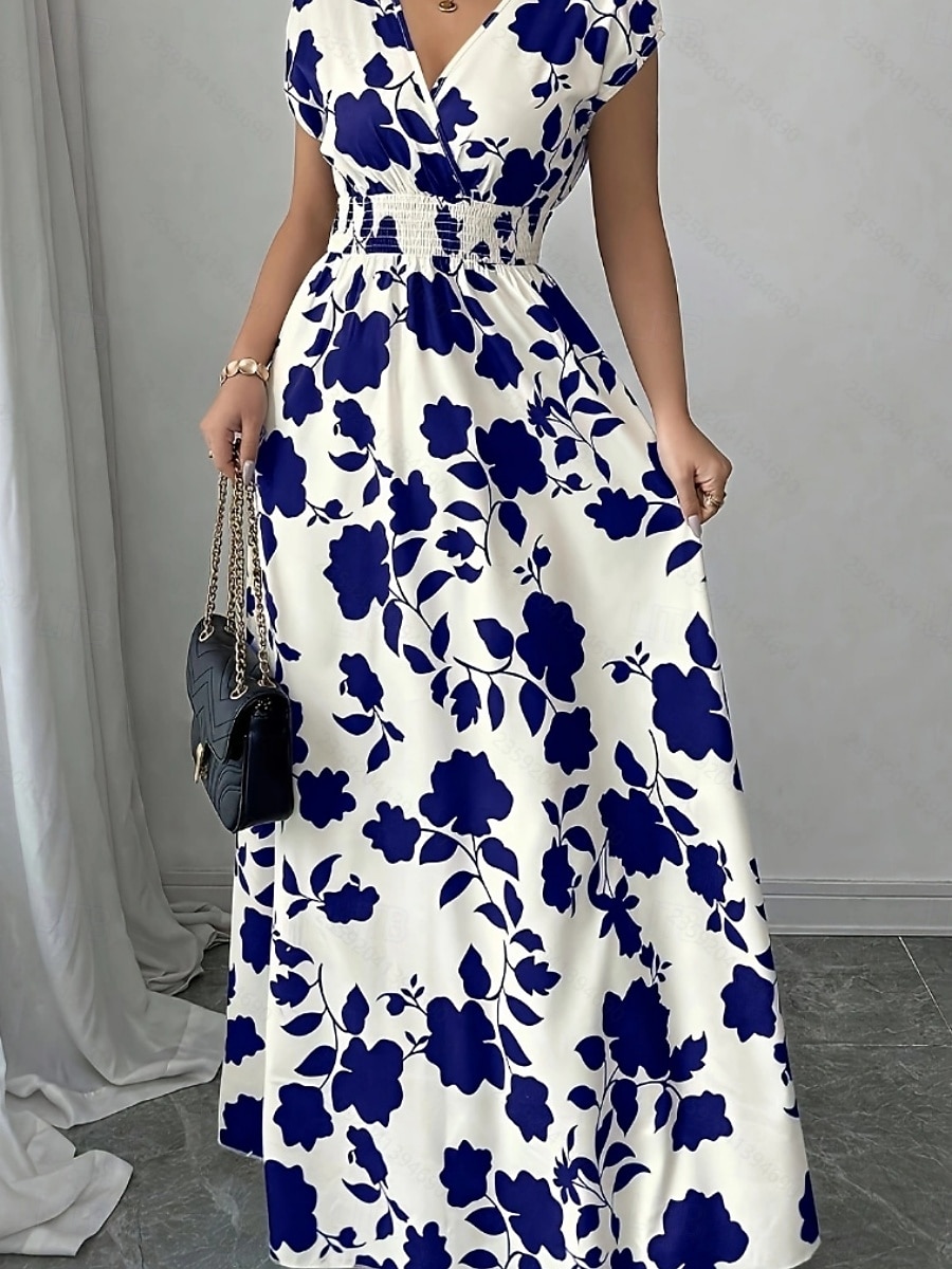 Damskie Sukienka maxi Sukienka A line Urlop Codzienny Boho Na zewnątrz Wyjściowe Luźny / a Kwiaty Krótki rękaw W serek Czarny Czerwony Niebieski Pomarańczowy Lato 2025 - $24.99 –P18